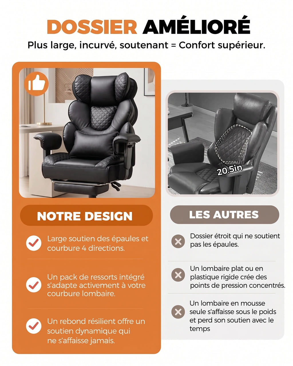 Fauteuil de Bureau Ergonomique Grande Taille, 180kg