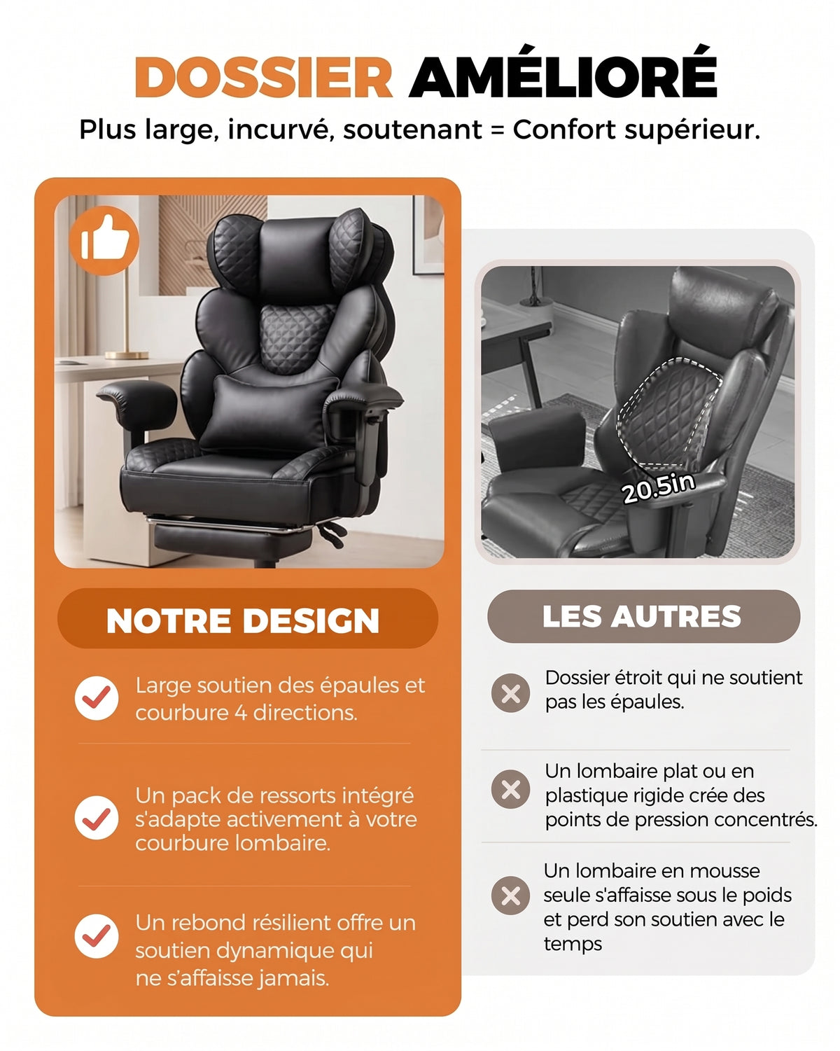 Fauteuil de Bureau Ergonomique Grande Taille, 180kg