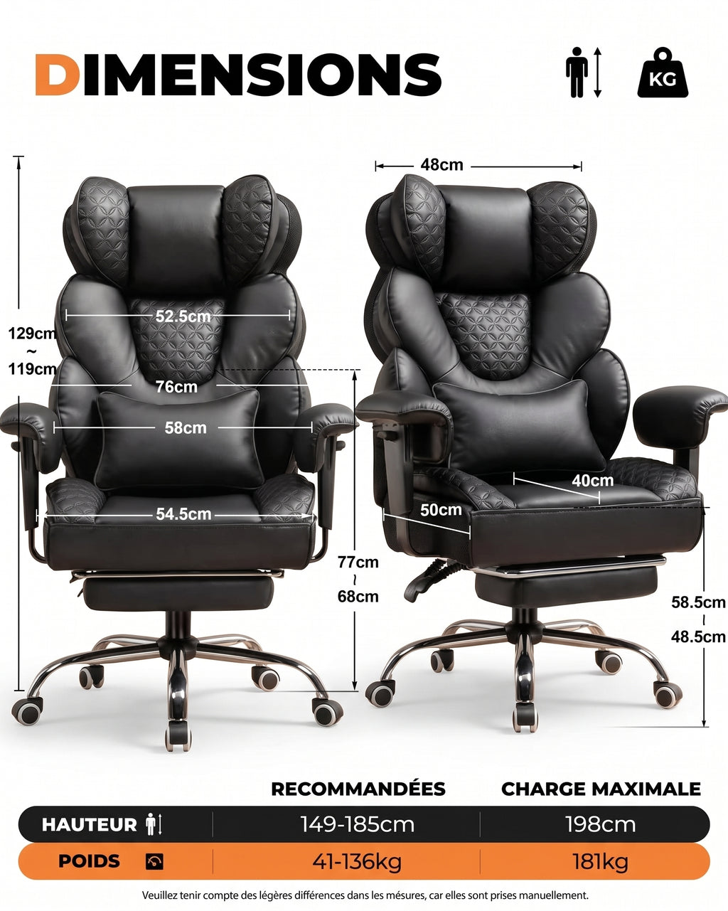 Fauteuil de Bureau Ergonomique Grande Taille, 180kg