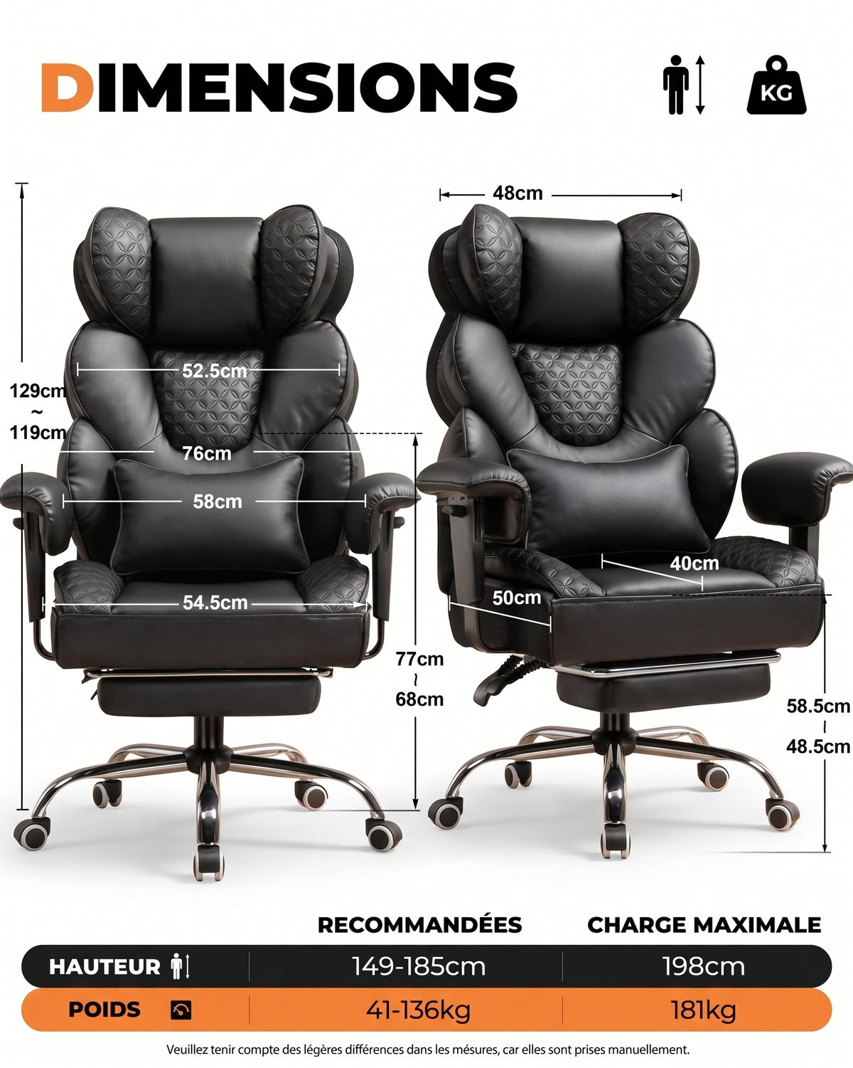 Fauteuil de Bureau Ergonomique Grande Taille, 180kg