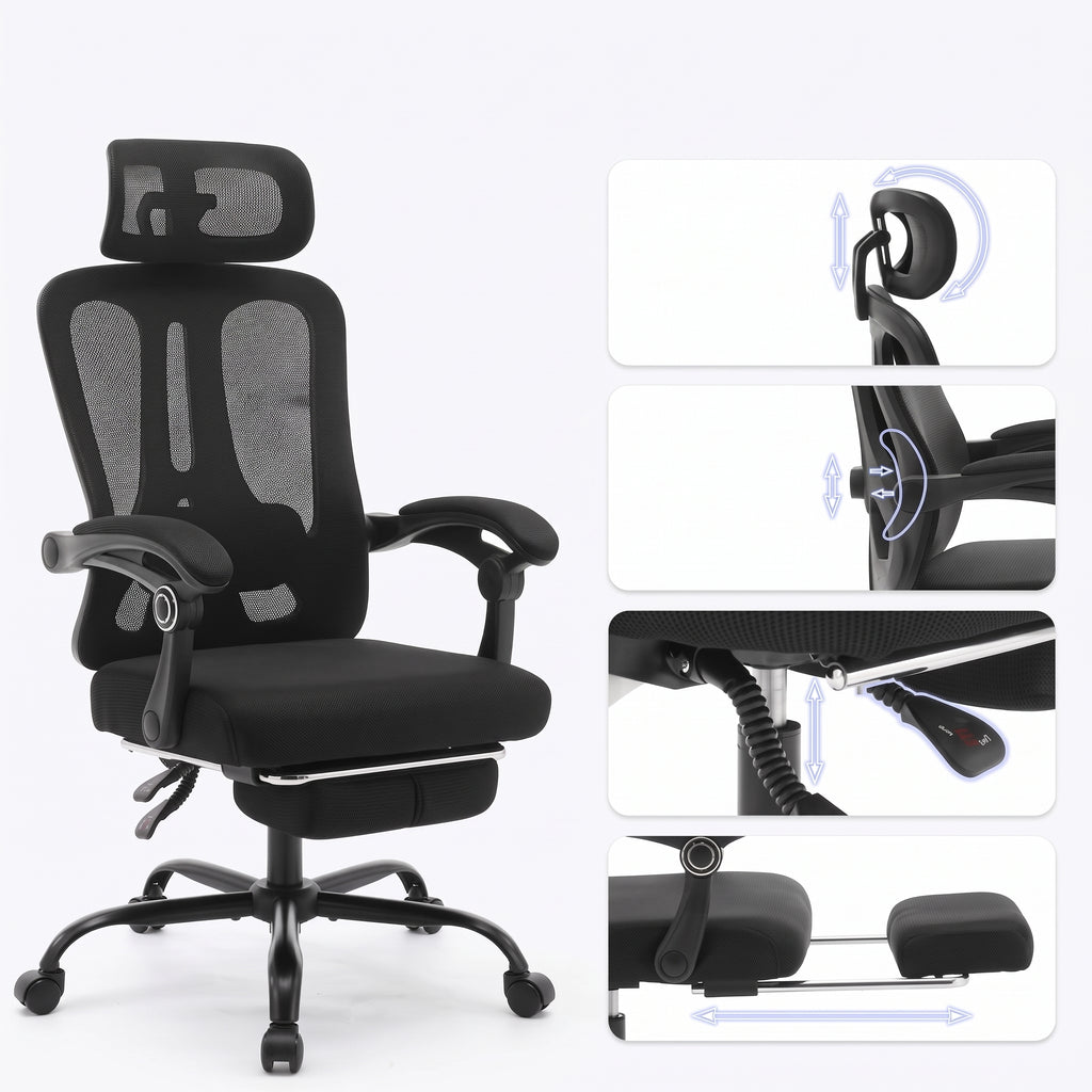Chaise de Bureau Ergonomique en Maille, Support Lombaire, Noir, Gris & Beige