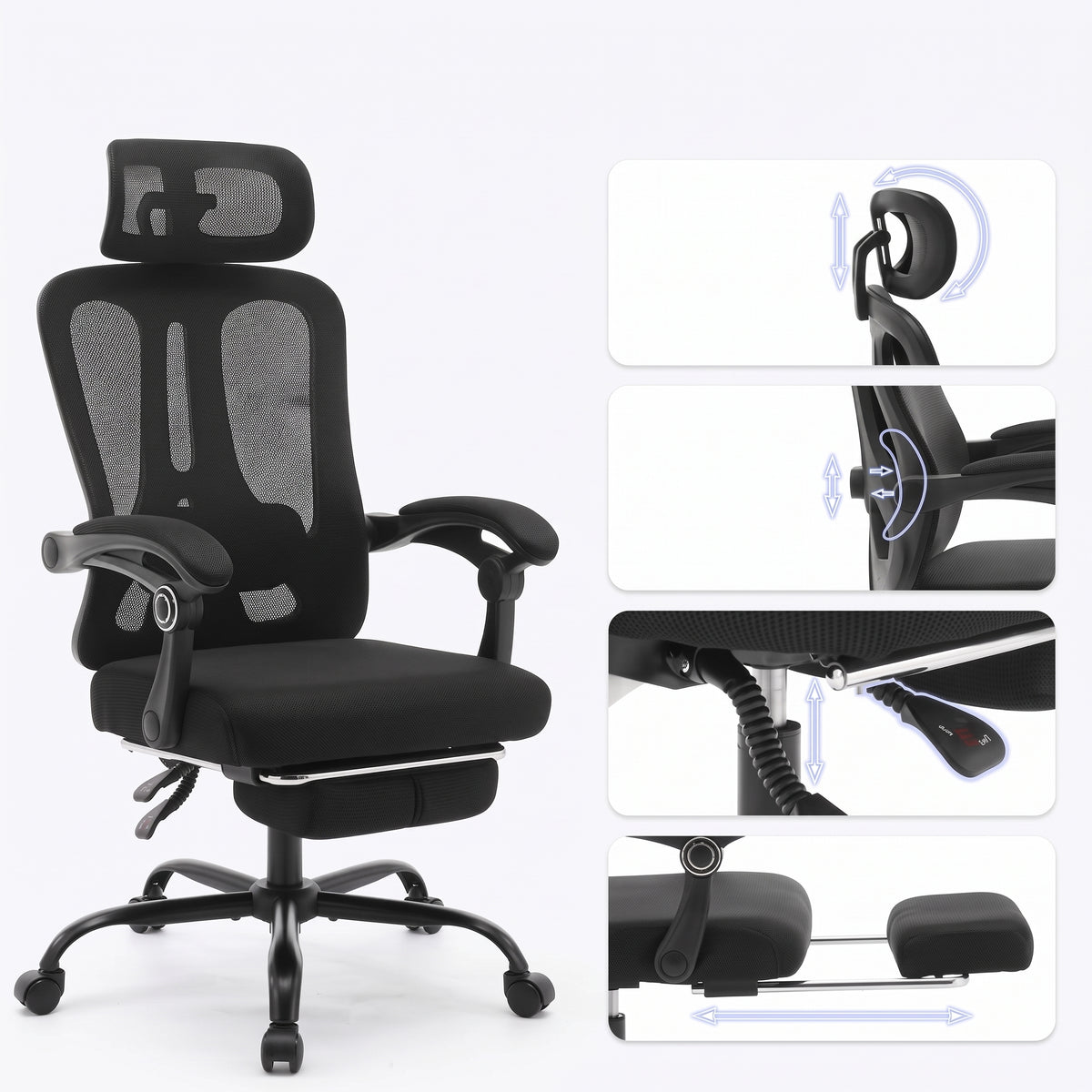 Chaise de Bureau Ergonomique en Maille, Support Lombaire, Noir, Gris & Beige