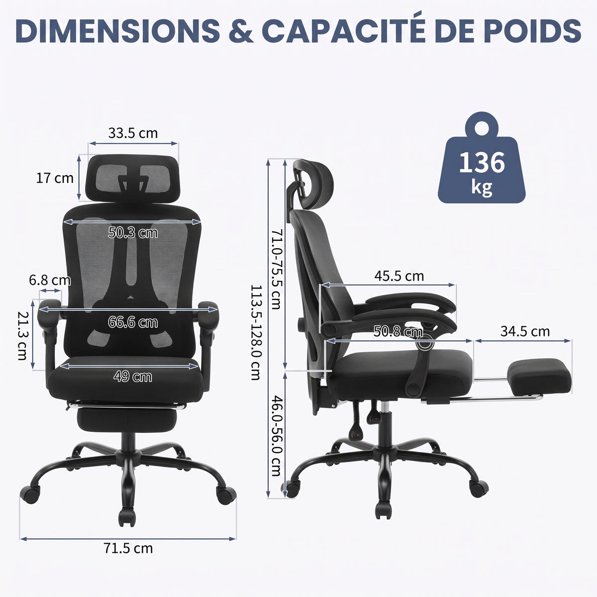 Chaise de Bureau Ergonomique en Maille, Support Lombaire, Noir, Gris & Beige