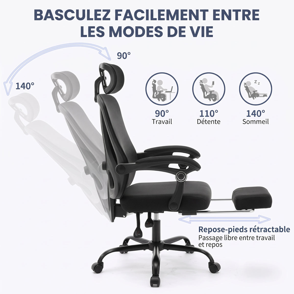 Chaise de Bureau Ergonomique en Maille, Support Lombaire, Noir, Gris & Beige