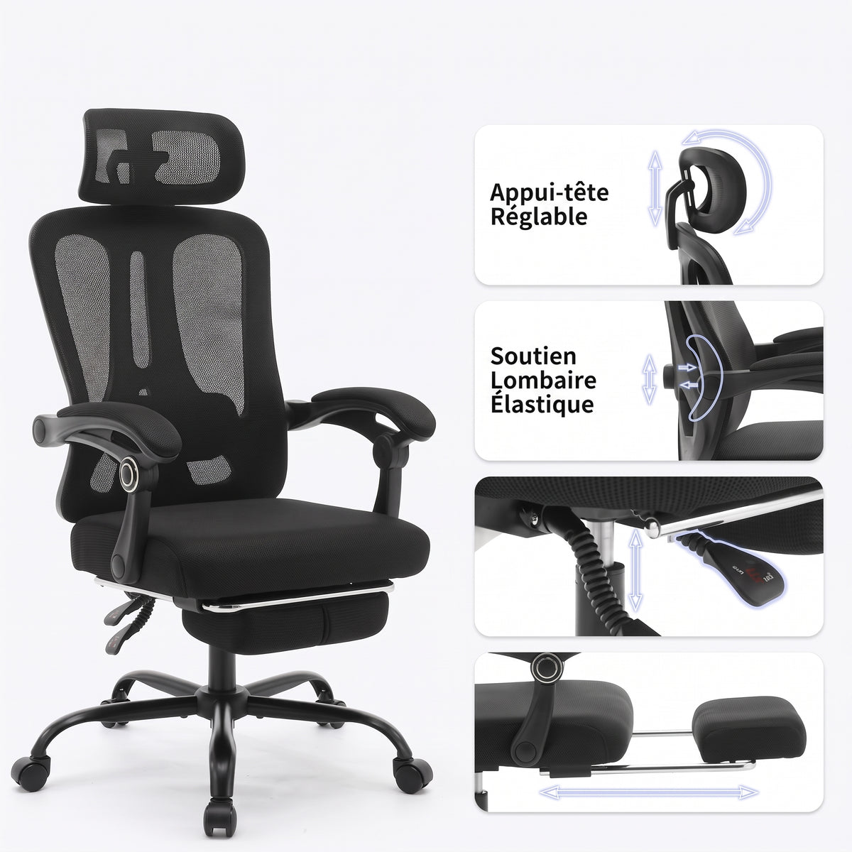 Chaise de Bureau Ergonomique en Maille, Support Lombaire, Noir, Gris & Beige