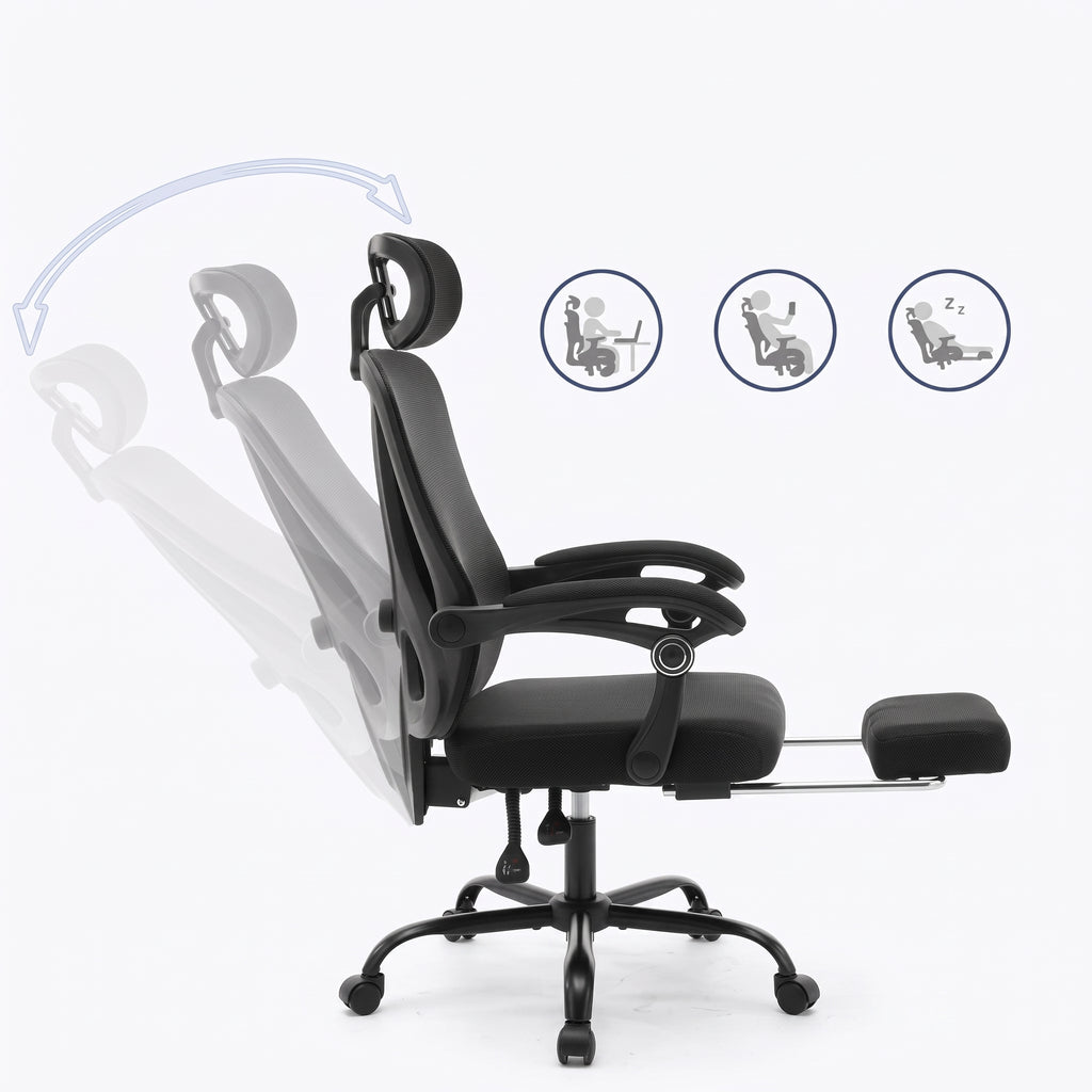 Chaise de Bureau Ergonomique en Maille, Support Lombaire, Noir, Gris & Beige