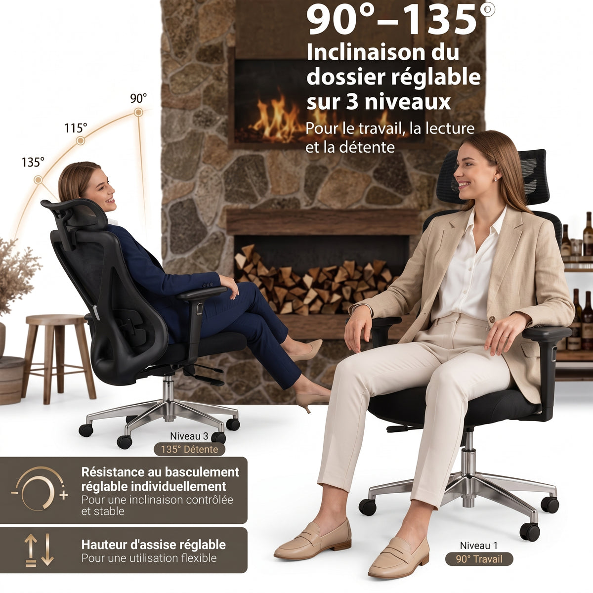 Chaise Ergonomique Bureau, Support lombaire Réglable,  Noir