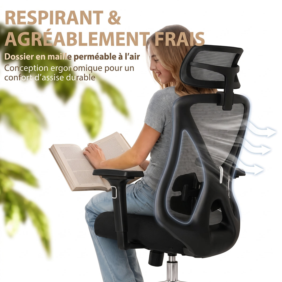 Chaise Ergonomique Bureau, Support lombaire Réglable,  Noir