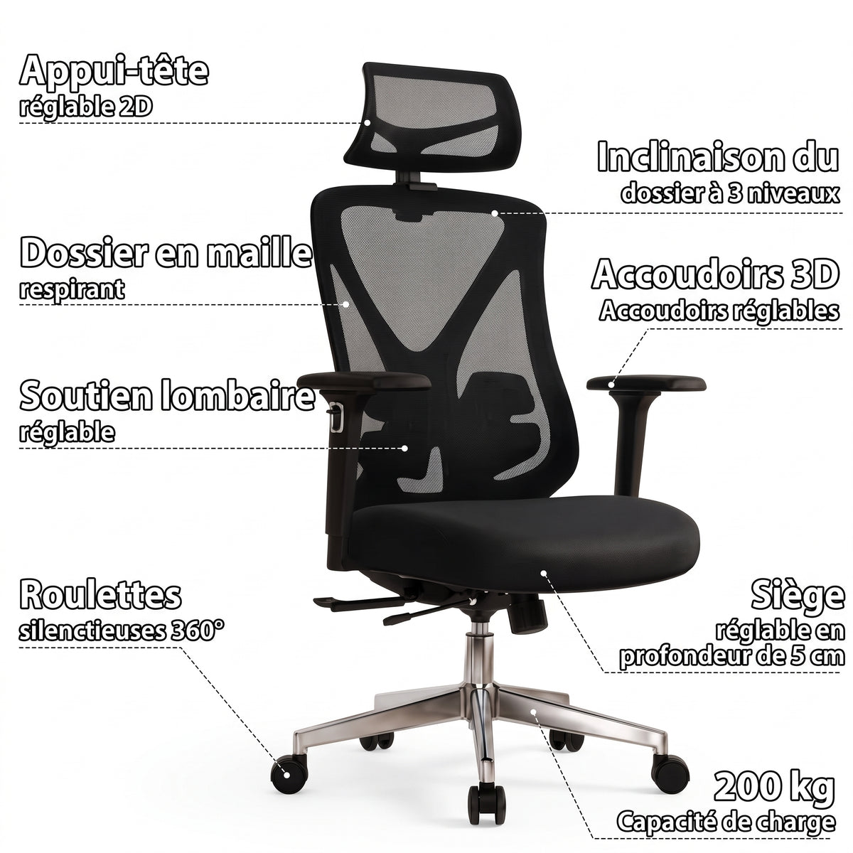 Chaise Ergonomique Bureau, Support lombaire Réglable,  Noir