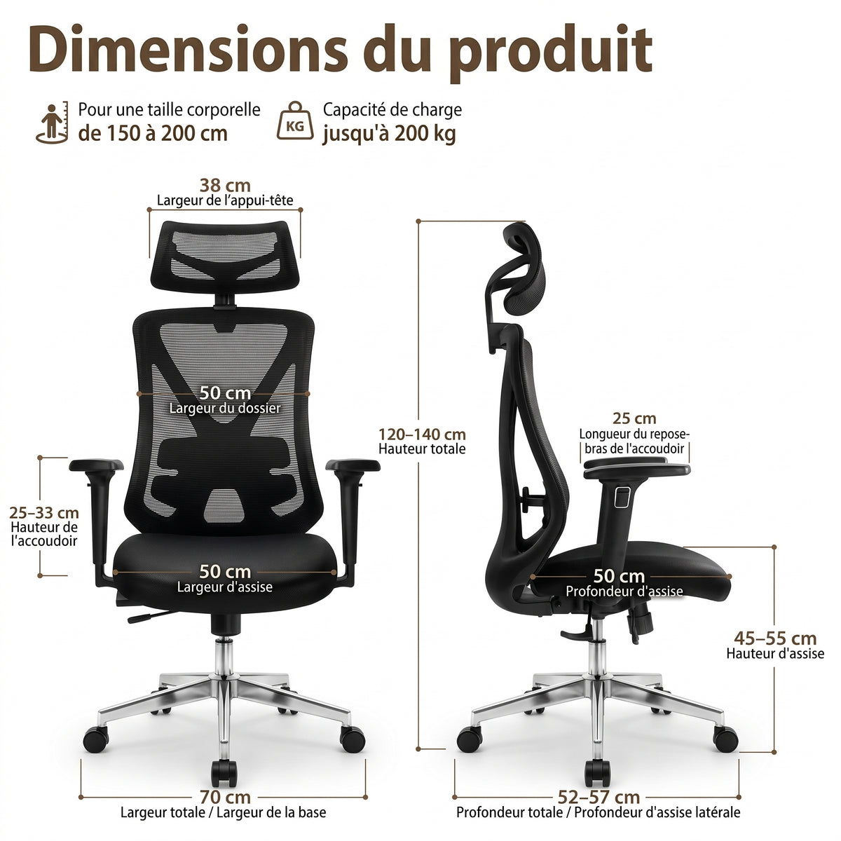 Chaise Ergonomique Bureau, Support lombaire Réglable,  Noir