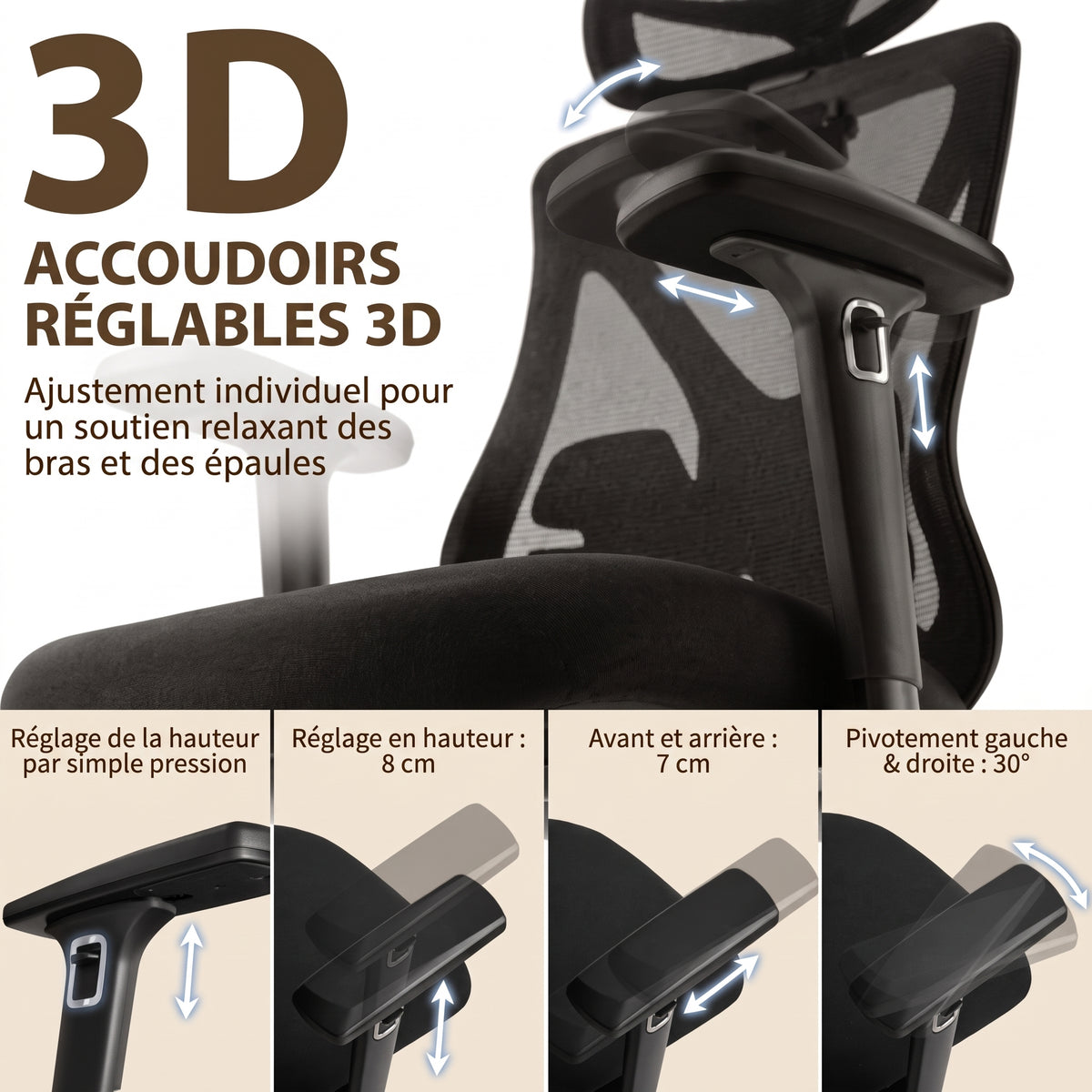 Chaise Ergonomique Bureau, Support lombaire Réglable,  Noir