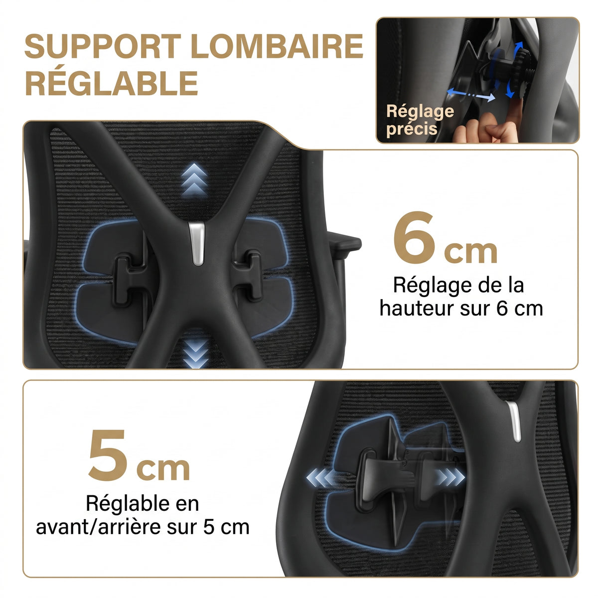 Chaise Ergonomique Bureau, Support lombaire Réglable,  Noir