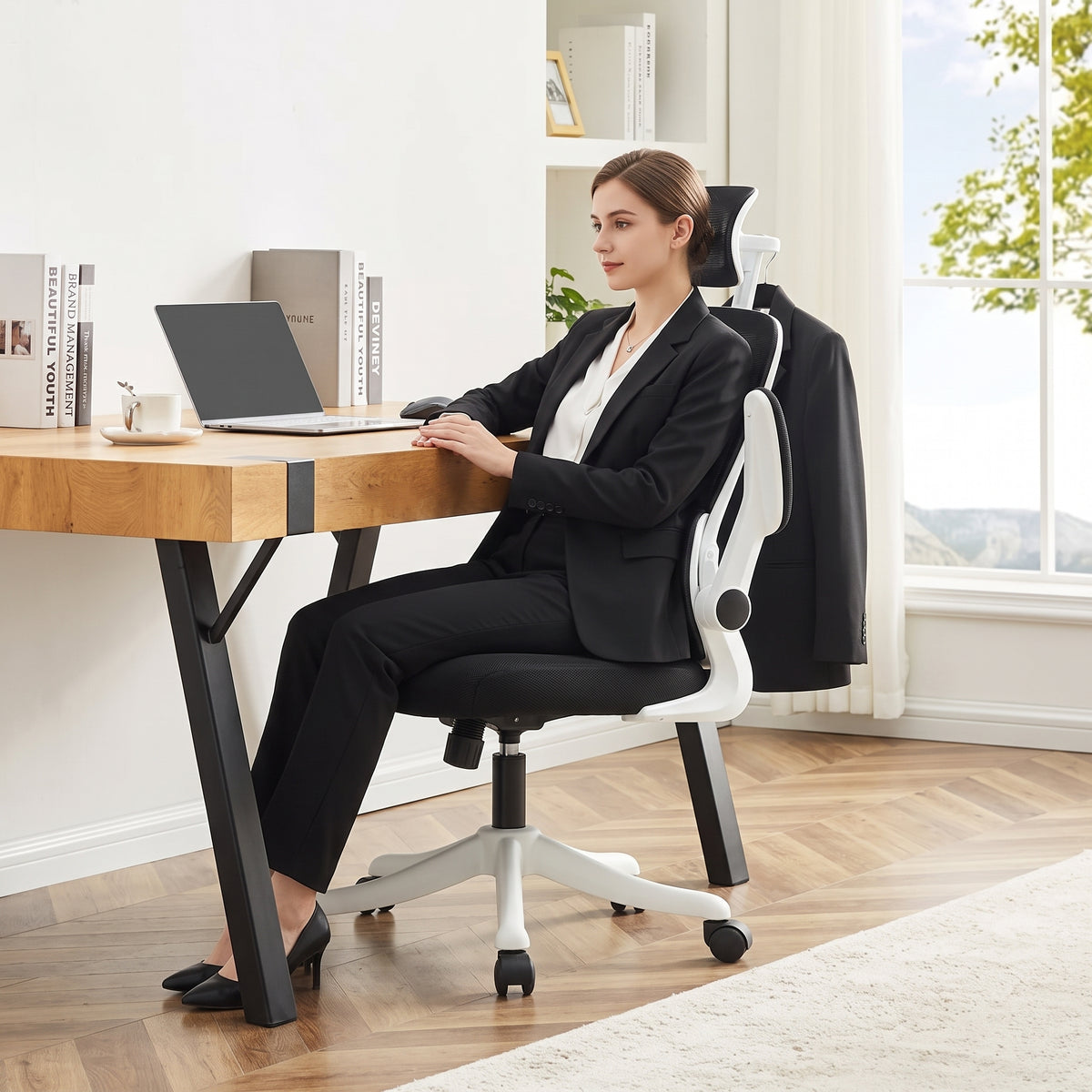 Chaise Ergonomique Bureau, Support Lombaire Réglables, Noir & Blanc