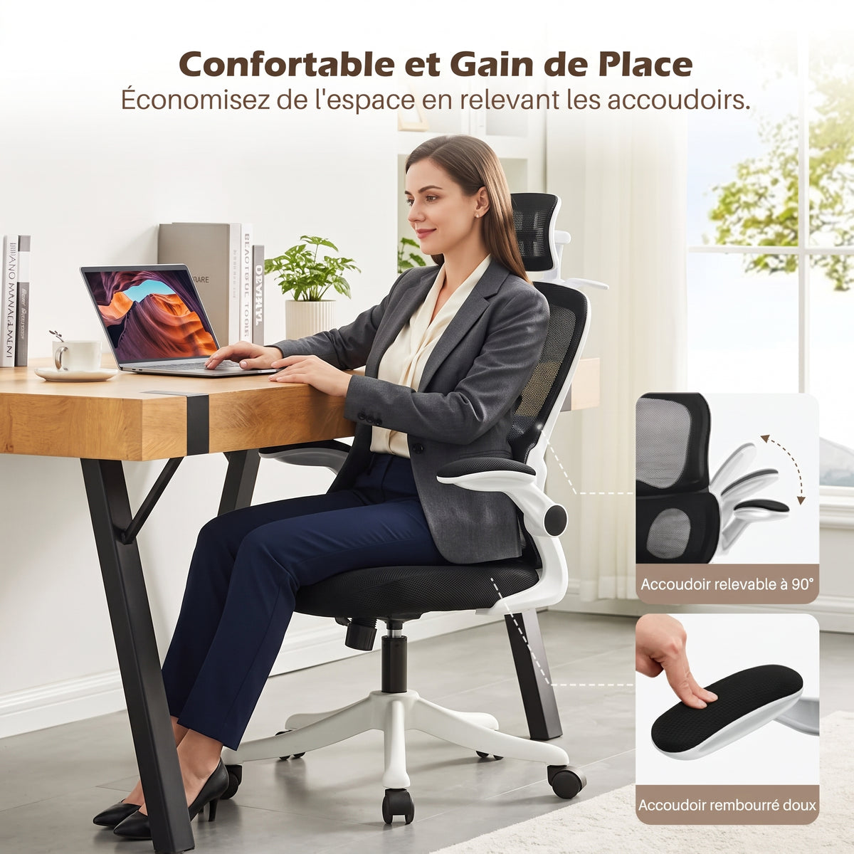 Chaise Ergonomique Bureau, Support Lombaire Réglables, Noir & Blanc