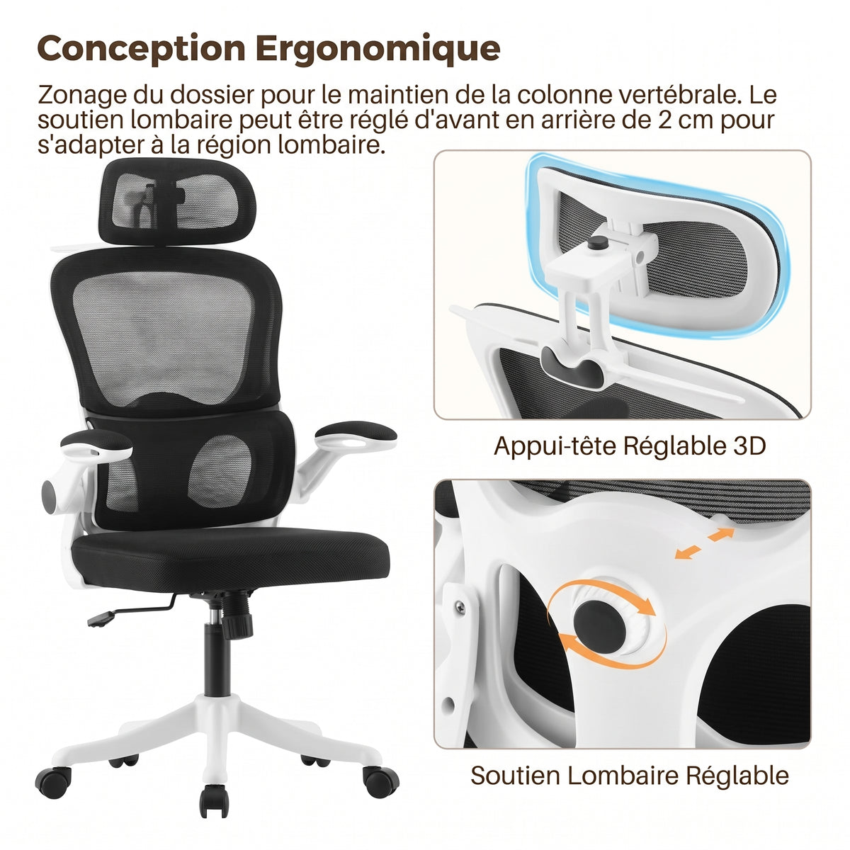 Chaise Ergonomique Bureau, Support Lombaire Réglables, Noir & Blanc