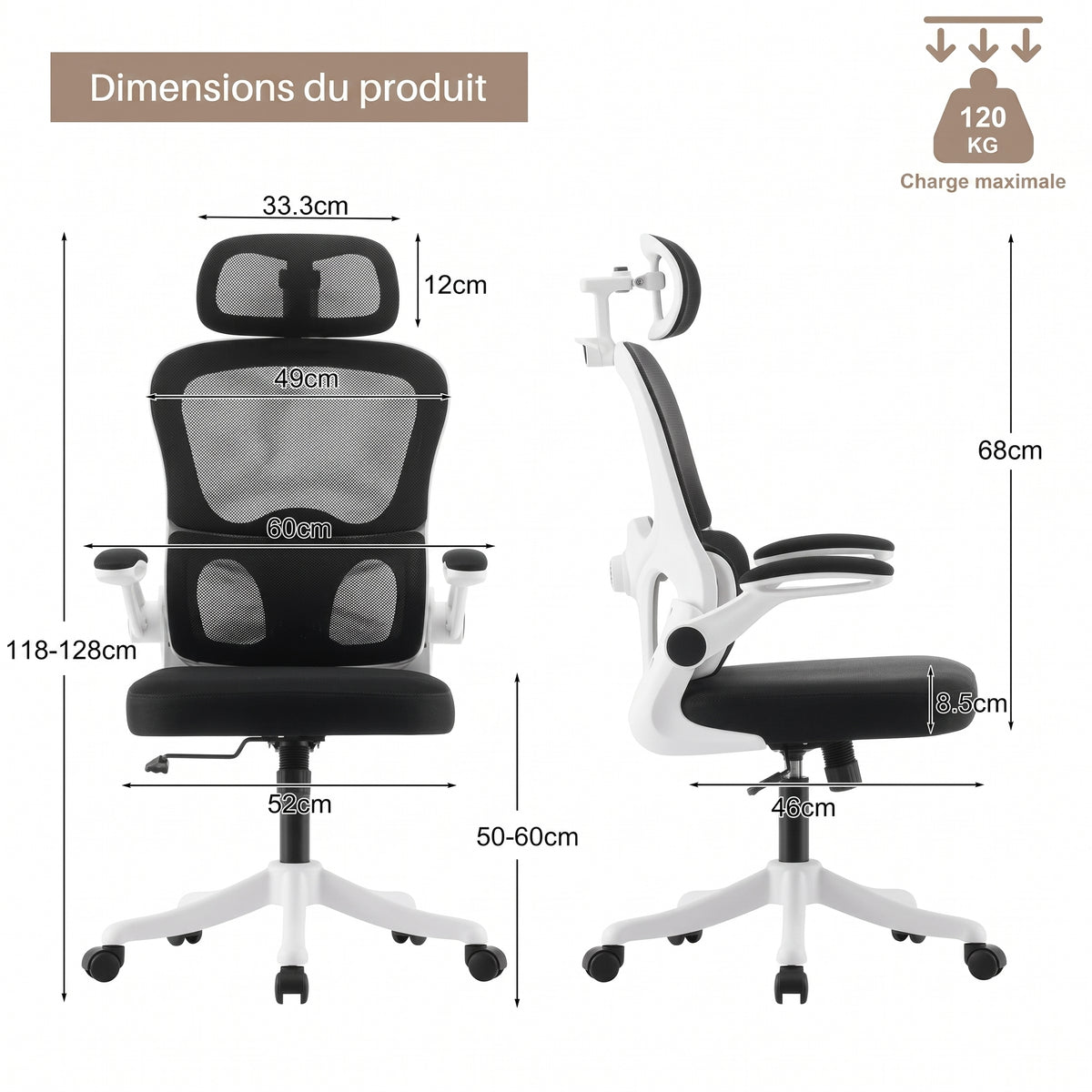 Chaise Ergonomique Bureau, Support Lombaire Réglables, Noir & Blanc