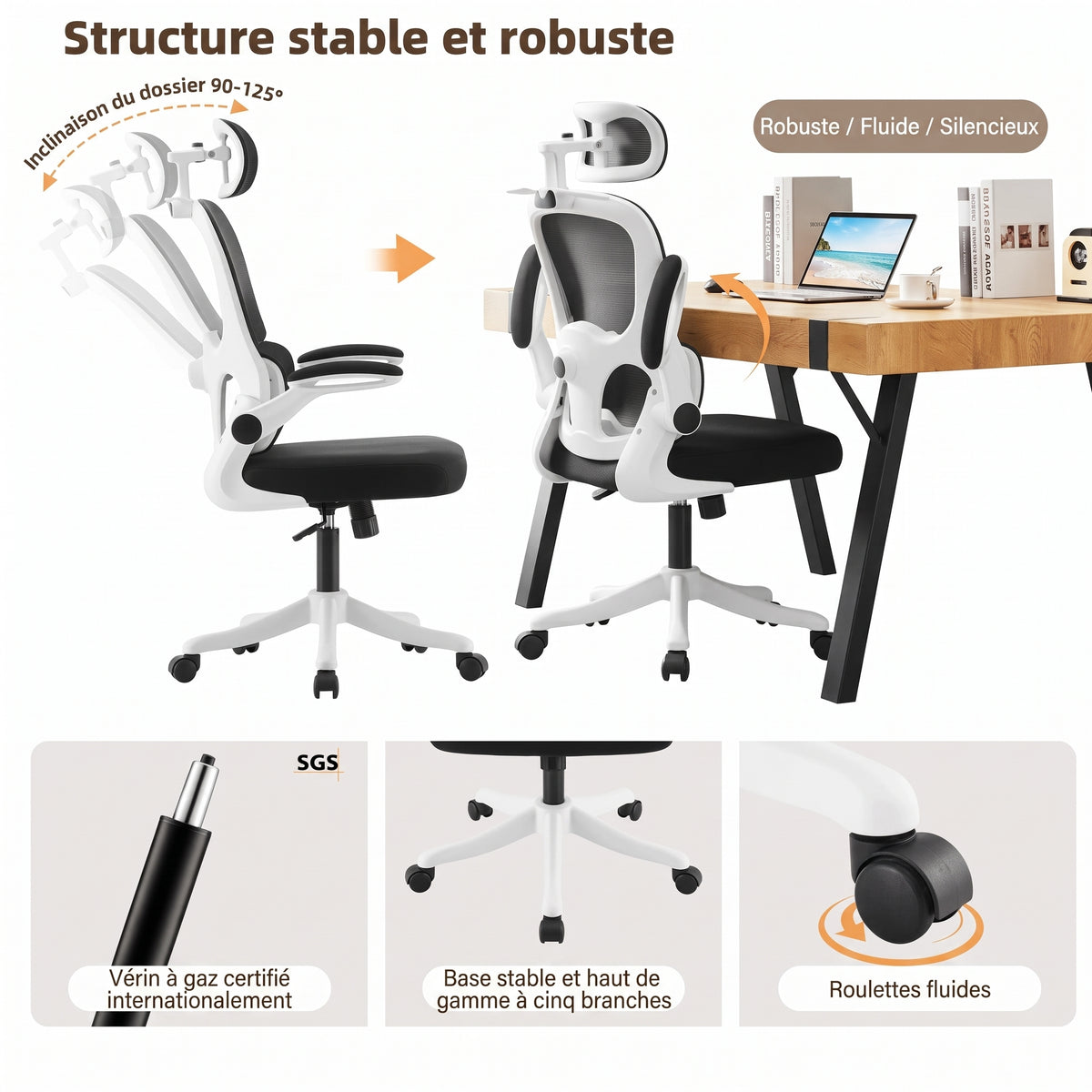 Chaise Ergonomique Bureau, Support Lombaire Réglables, Noir & Blanc