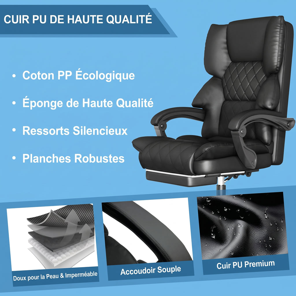 Fauteuil Bureau Ergonomique avec Repose-Pieds, Chaise 150 kg Noir