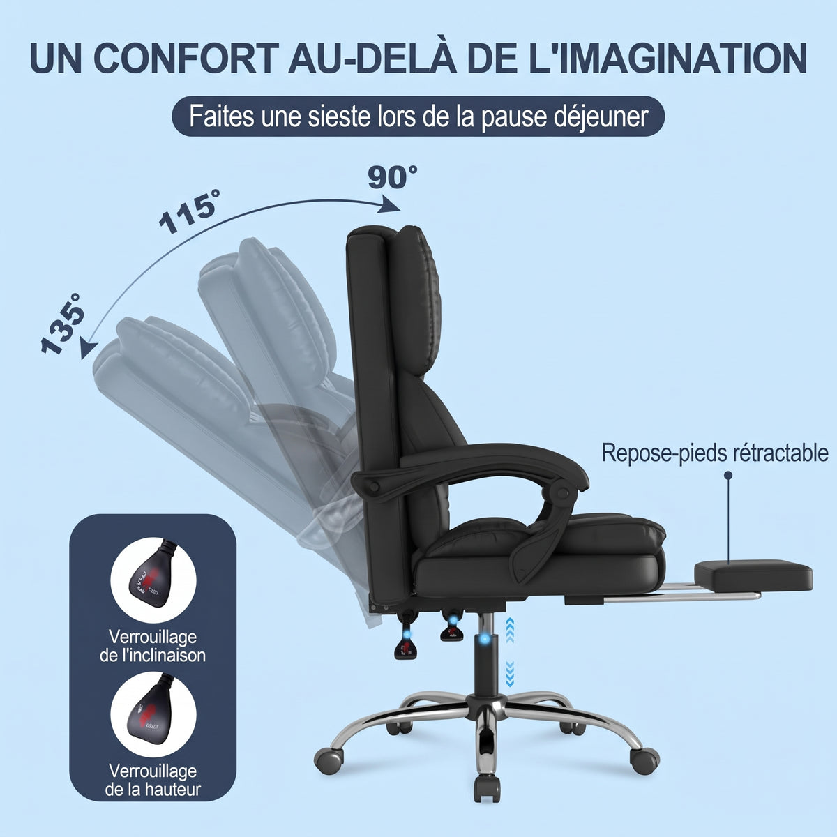 Chaise Bureau Ergonomique avec Repose-Pieds, Chaise 150 kg Noir