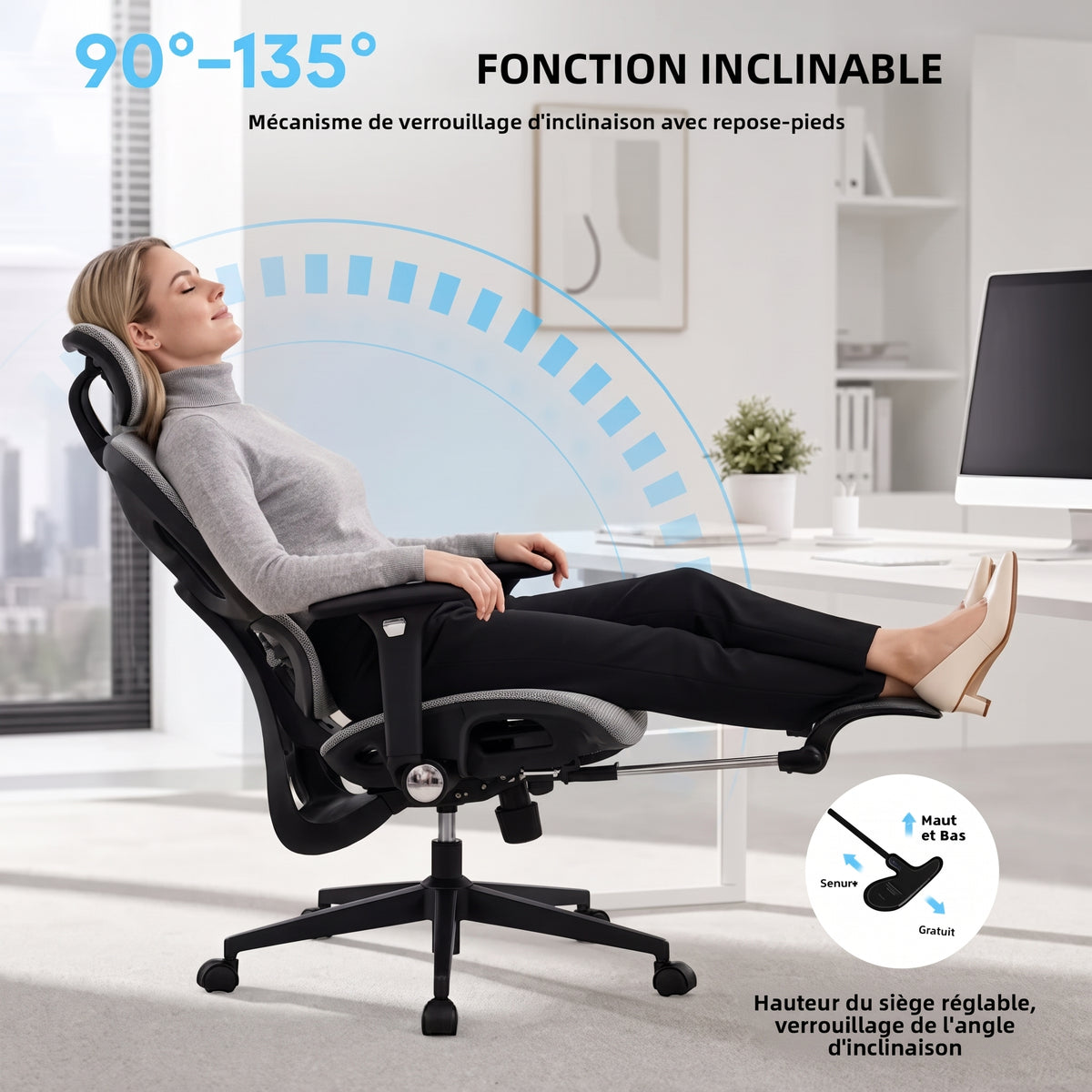 Chaise de Bureau Ergonomique Grand et Haut avec Repose-Pieds