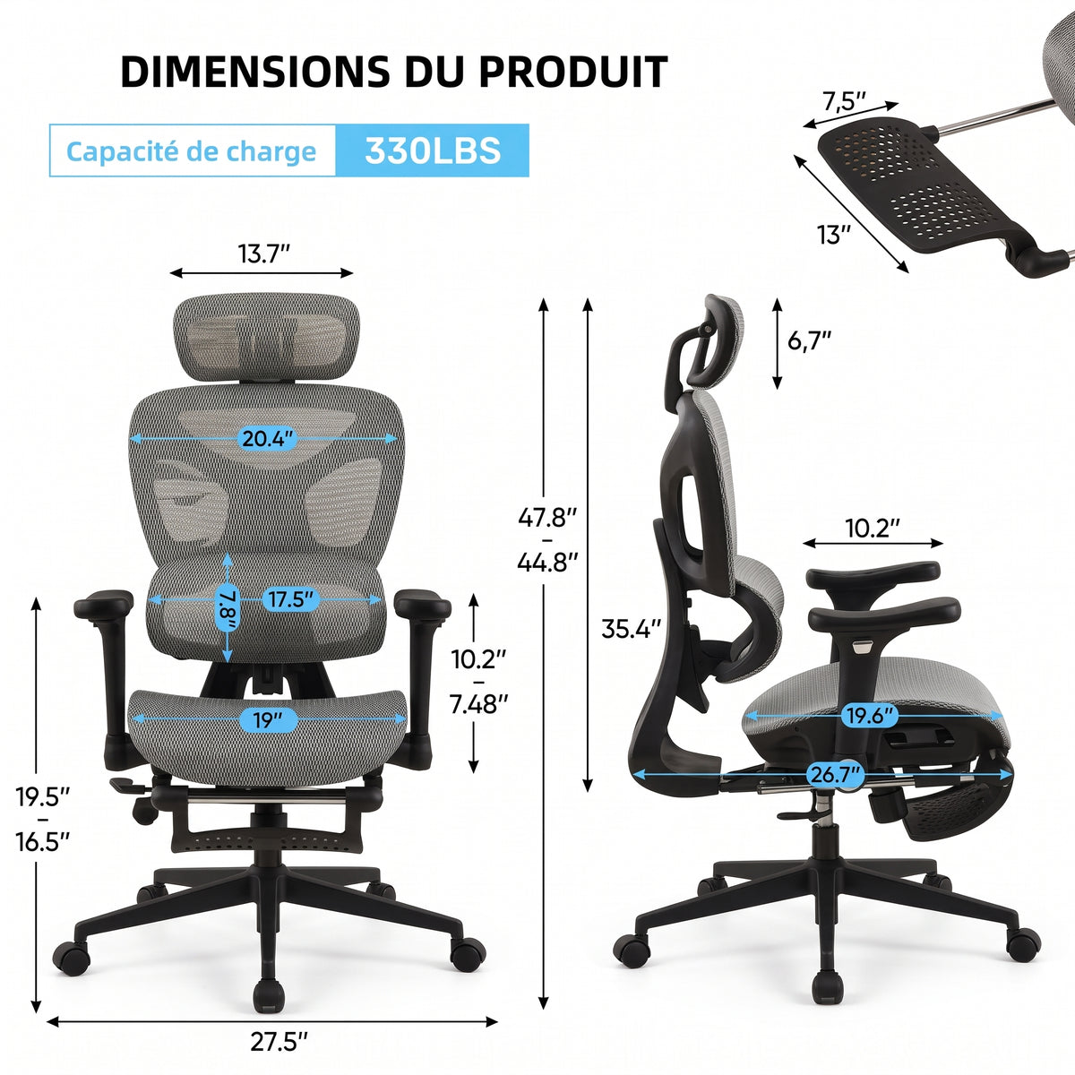 Chaise de Bureau Ergonomique Grand et Haut avec Repose-Pieds