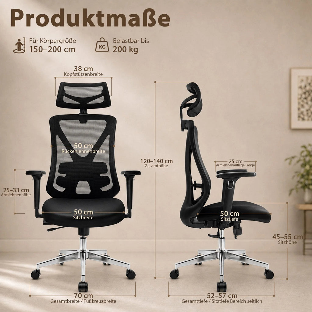 Chaise Ergonomique Bureau, Support lombaire Réglable,  Noir