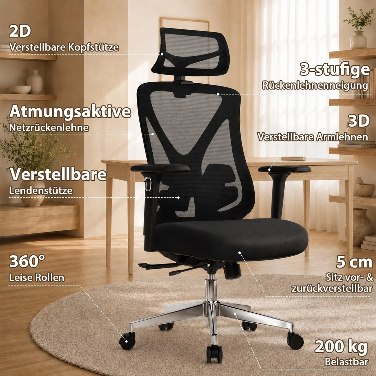 Chaise Ergonomique Bureau, Support lombaire Réglable,  Noir