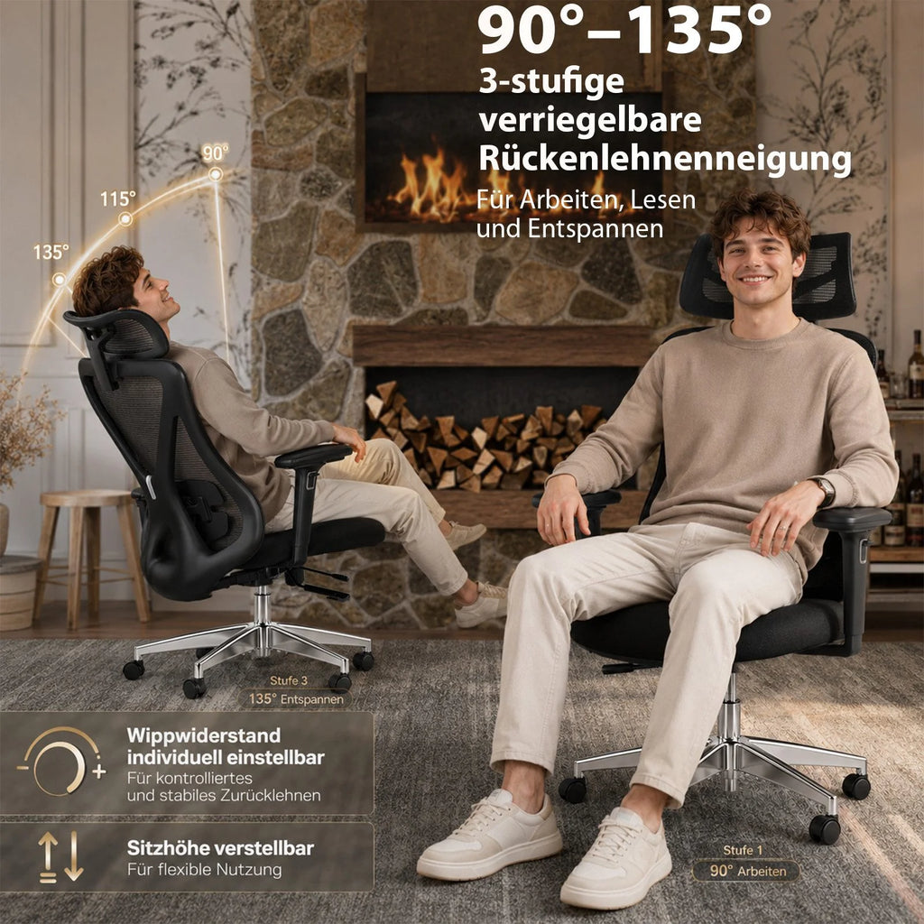 Chaise Ergonomique Bureau, Support lombaire Réglable,  Noir