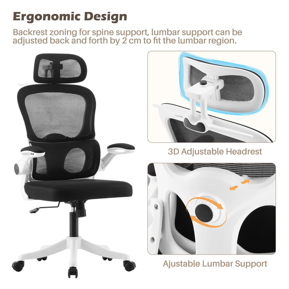 Ergo Chaise Ergonomique Bureau, Support Lombaire Réglables, Noir & Blanc