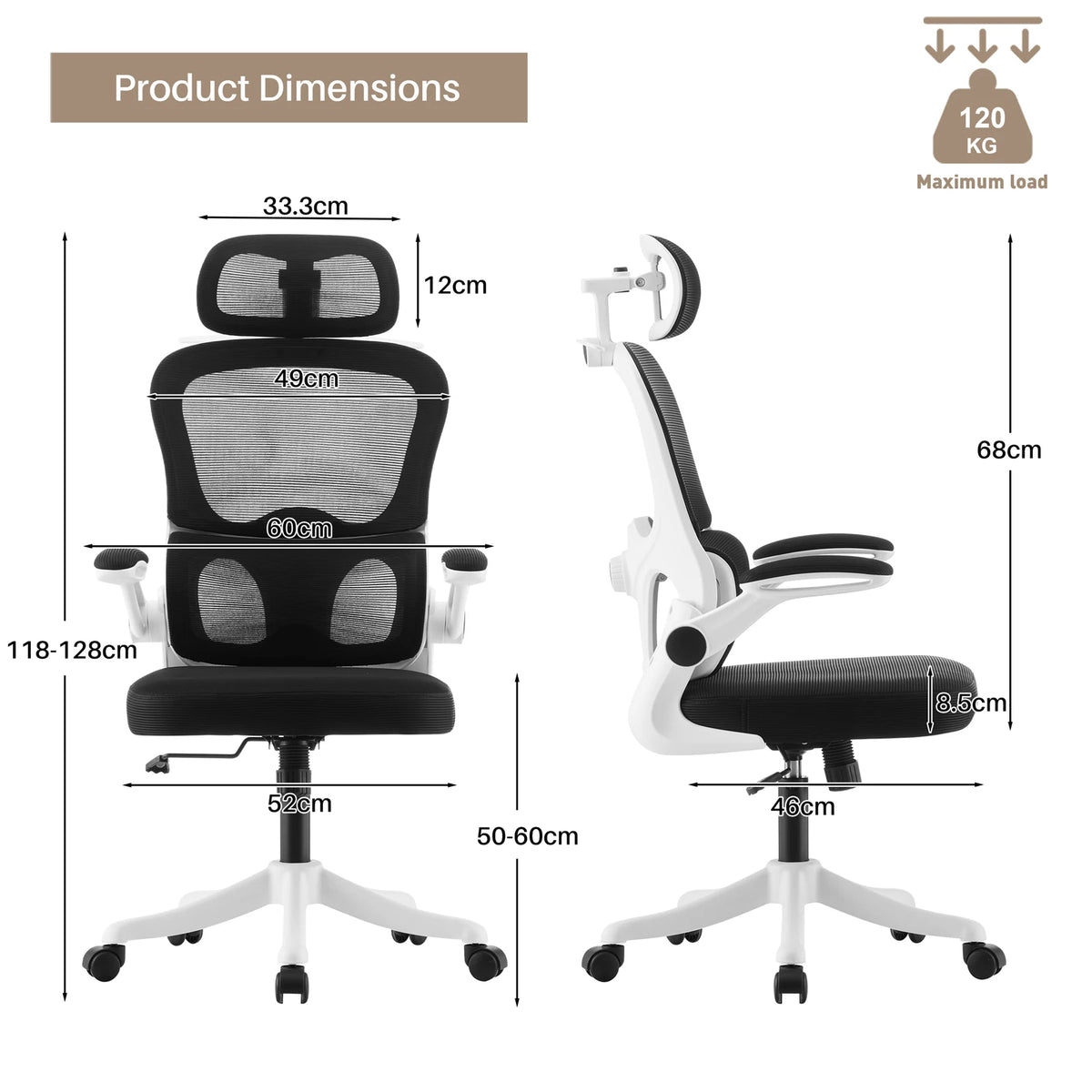 Ergo Chaise Ergonomique Bureau, Support Lombaire Réglables, Noir & Blanc